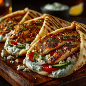 Mediterranean Chicken Gyros with Feta 2 u9124544528 A close up high angle shot showcasing a pilestack 7f8130a0 b851 4e51 9f65 b96f1eda0009 0